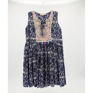 Rene Derhy Blue Damask Embroidered Tassel Dress Medium Cotton Boho Chic